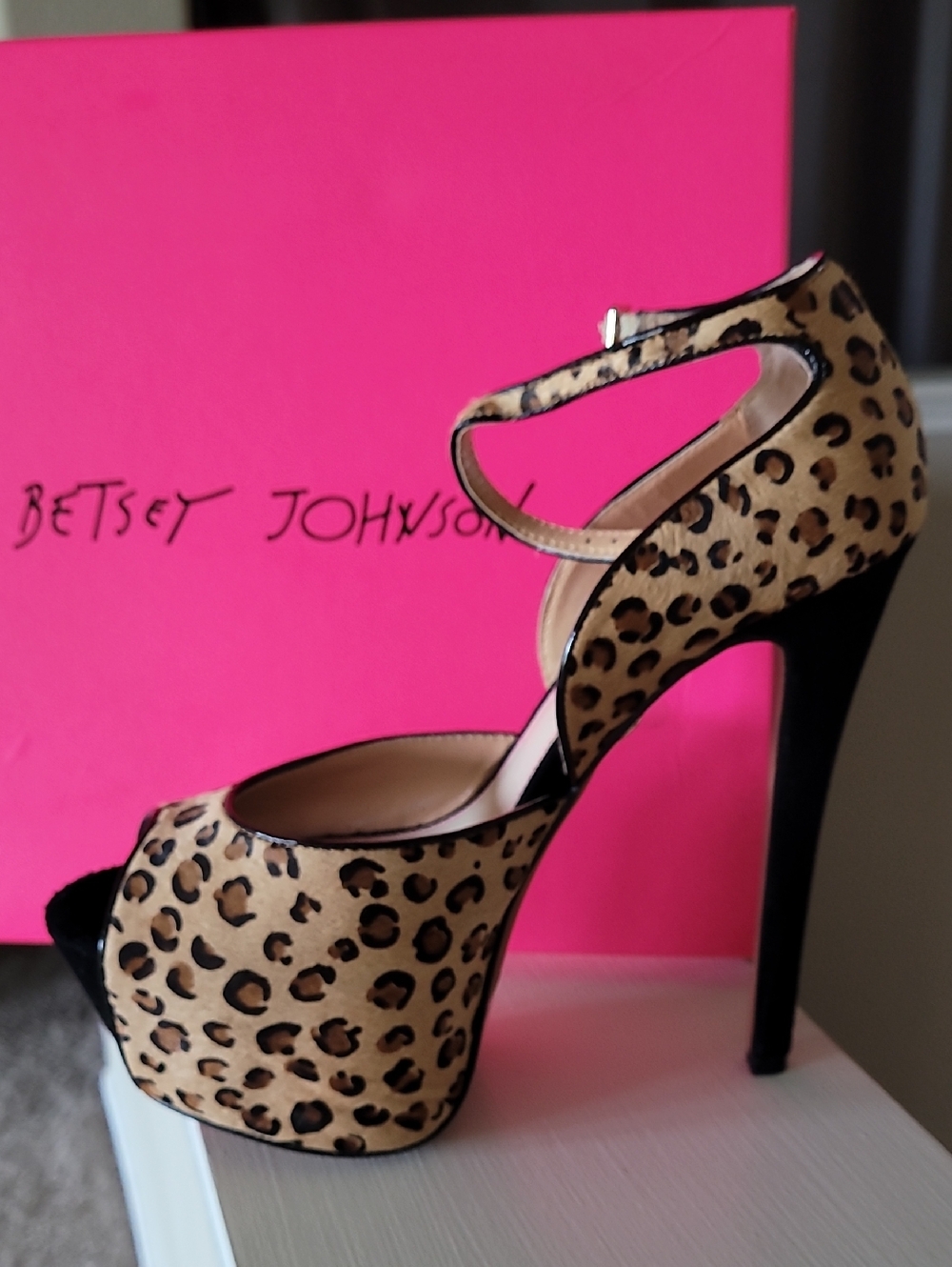 Betsey Johnson Leopard Print Peep-Toe Platform Heel - Beige/Black